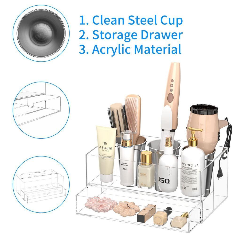 NIUBEE Hair Tool Organizer, Clear Acrylic Hair Dryer and Styling Organizer with Drawer, Bathroom Countertop Blow Dryer Holder, Vanity Caddy Storage Stand for Accessories, Makeup, Toiletries