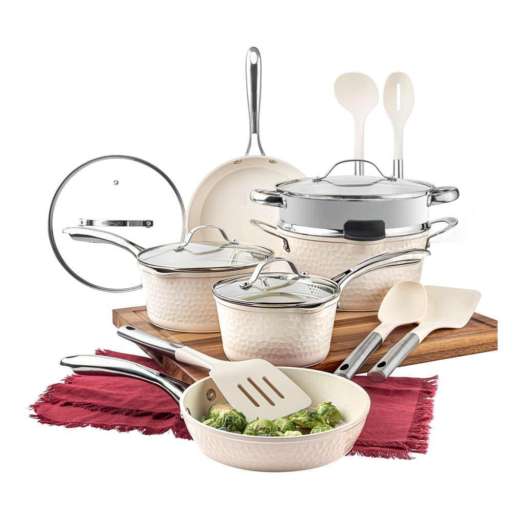 Gotham Steel Hammered Cream 15-Piece Ultra Ceramic Nonstick Cookware Set with Utensils