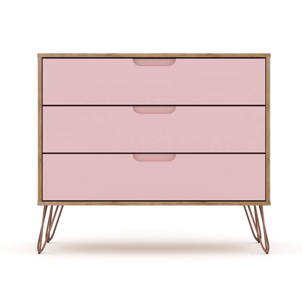 Set of 2 Rockefeller 3 Drawer Dresser Nature/Rose Pink - Manhattan Comfort: MDF Bedroom Storage, Easy-Glide, 6 Drawers