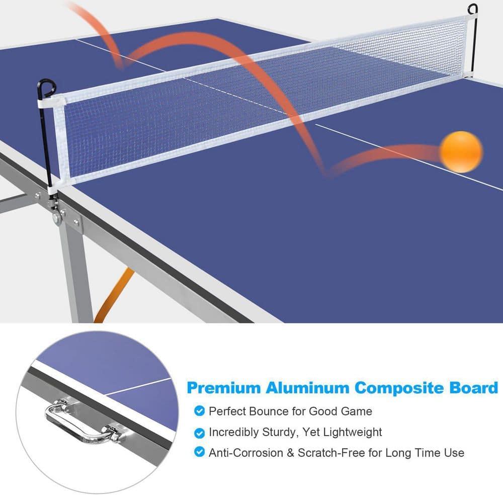Portable Ping Pong Table, Mid-Size Foldable Table Tennis Table w/Net, 2 Paddles, 3 Balls, Table Tennis Table for Indoor Outdoor, Ping Pong Tablefor Kids Family Holiday Sports