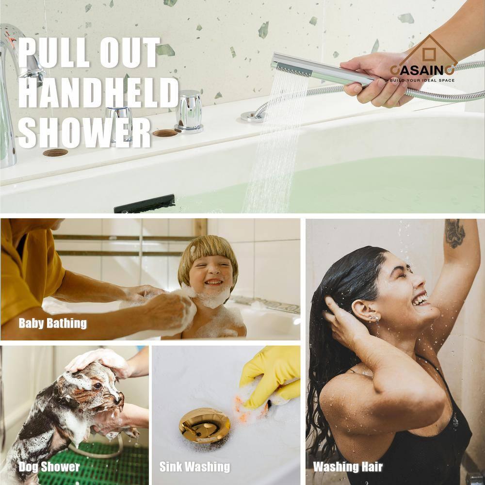 Chrome Plated 3-Handle Deck Mount Roman Tub Faucet with Hand Shower