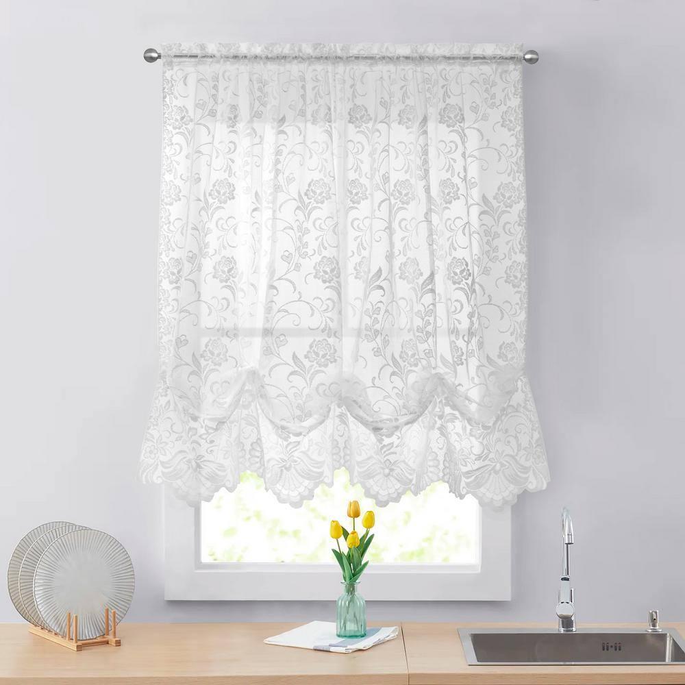 Habitat Limoges Sheer Rod Pocket Timeless Romantic Floral Lace Design Balloon Curtain 55" x 63" White