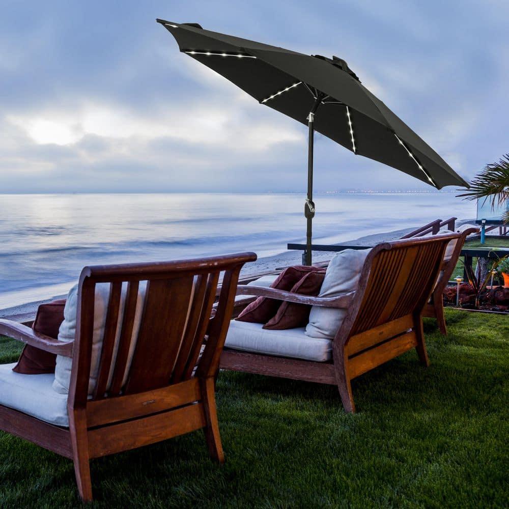 9' x 9' Mirage II Fiesta Market Patio Umbrella with Solar LED Tube Lights Black - Island Umbrella: Weatherproof, UV Protection, Crank Lift