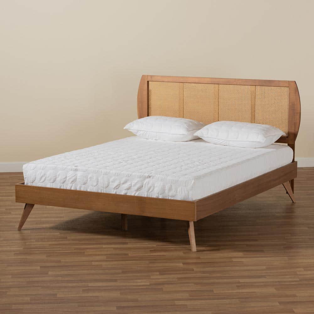 Baxton Studio Asami Mid-Century Modern Walnut Brown Finished Wood and Synthetic Rattan Full Size Platform Bed