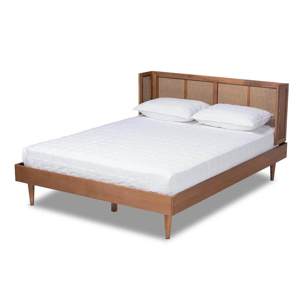 Queen Rina Wood Platform Bed with Headboard Ash Walnut - Baxton Studio: Mid-Century Modern Design, Synthetic Rattan Panel