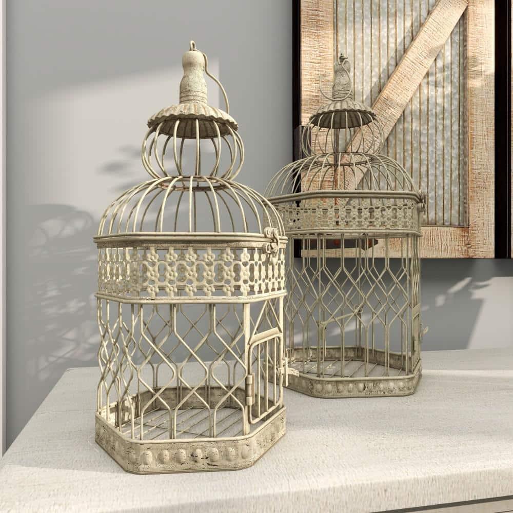 DecMode Cream Vintage Metal Birdcage with Crisscross Vertical Bars and Floral Embossed Design, Set of 2 21", 18"H