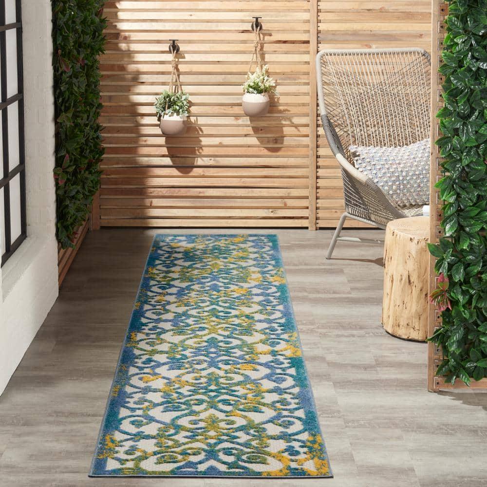 Nourison Aloha Contemporary Scroll Flatweave High-Low Indoor Outdoor Runner Rug Ivory Blue 2'3" x 10'