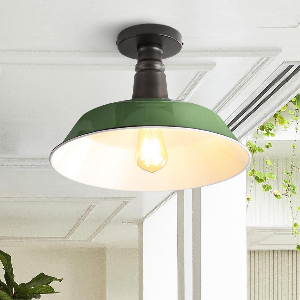 JONATHAN Y Camila 14" 1-Light Classic Industrial Indoor/Outdoor Iron LED Semi Flush Mount, Green/White, JYL7617F