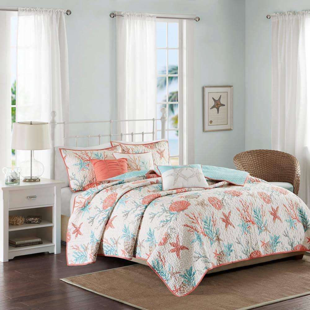 Madison Park Pebble Beach Cotton Sateen 210 TC Reversible 6 Piece Quilt Set with Throw Pillows