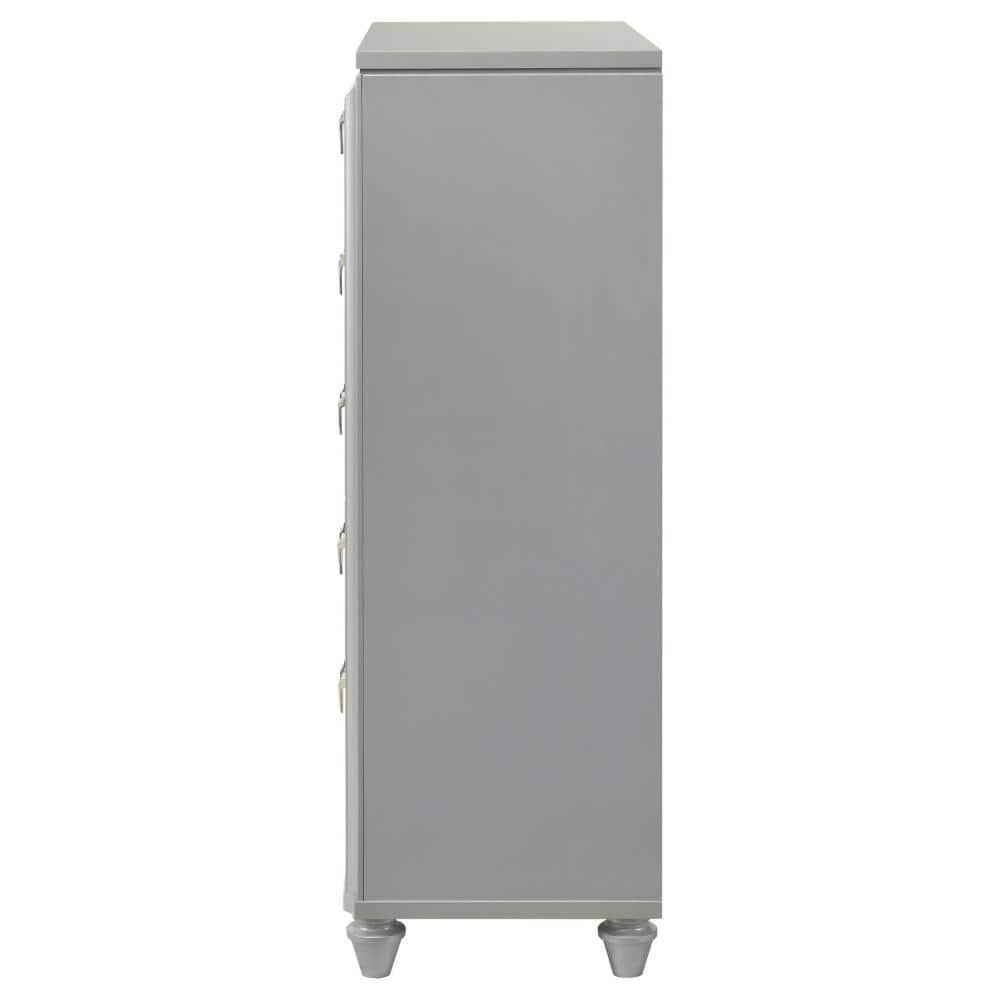 Benjara Haley Tall Dresser Chest, V Shaped Glittering Metal Handles, Light Silver