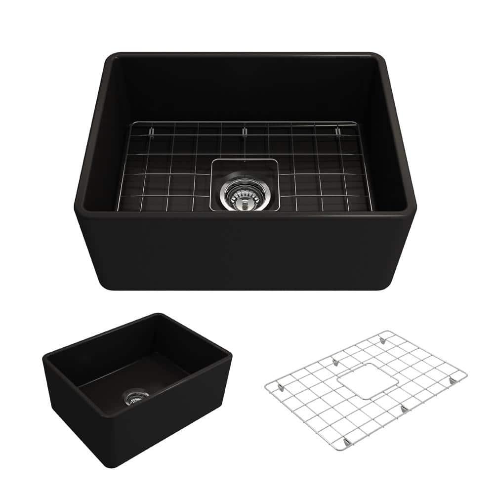 Matte Black Fireclay Farmhouse Single Bowl Kitchen Sink with Accessories
