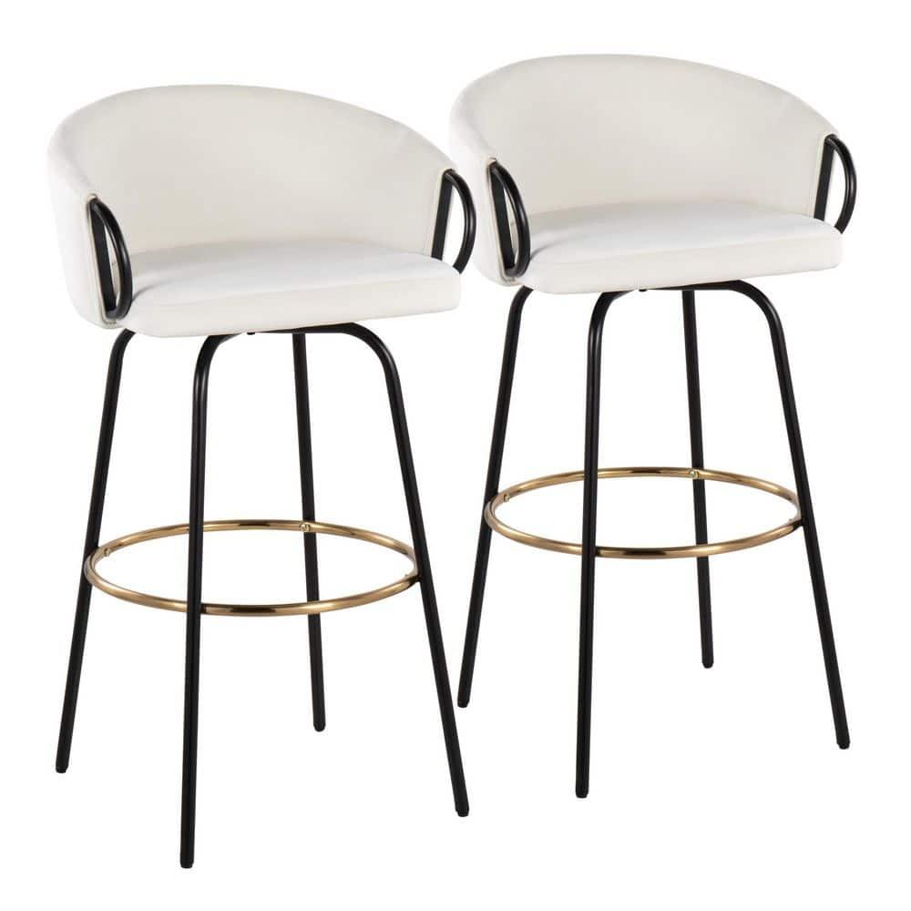 LumiSource Set of 2 Claire Barstools Black/Cream: Upholstered Velvet, Swivel, Fixed Height