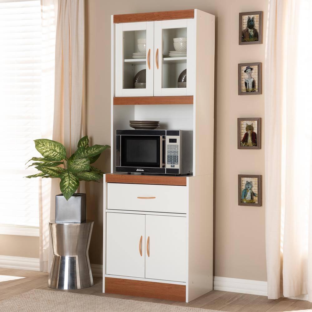 Baxton Studio Laurana Cherry Finished Kitchen Cabinet and Hutch White/Cherry Brown: Traditional Style, 4-Door Pantry Storage