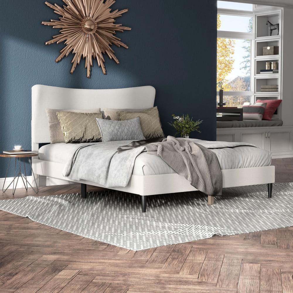 24/7 Shop At Home Queen Heartwild Modern Boucle Upholstered Wingback Platform Bed White