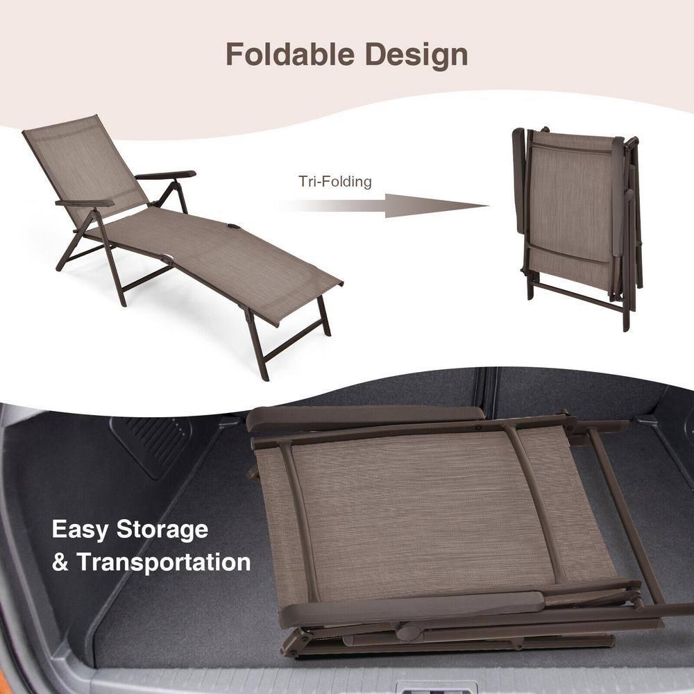 YOJFOTOOUQYUAN. 5 Stages Adjustable Patio Folding Lounge Chair Metal Outdoor Sling Fabric Recliner Chaise for Beach Yard Pool, 2 Pack,Brown