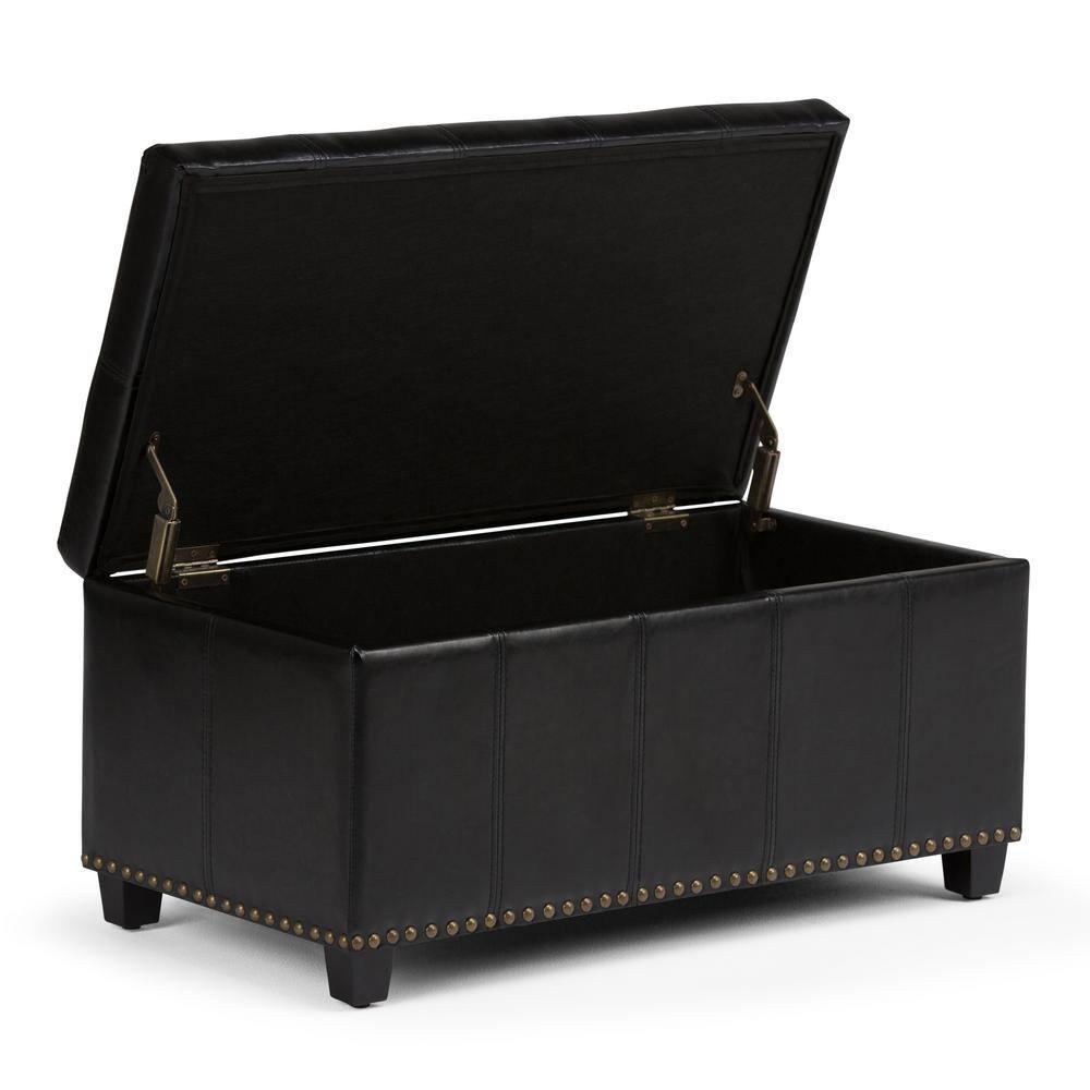 Simpli Home Amelia 34 inch Wide Transitional Rectangle Storage Ottoman Bench in Midnight Black Faux Leather