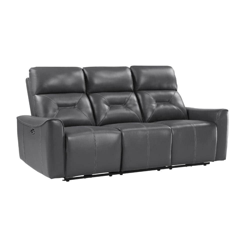 Well 82 Inch Power Double Recliner Sofa, Dark Gray Faux Leather, Wood