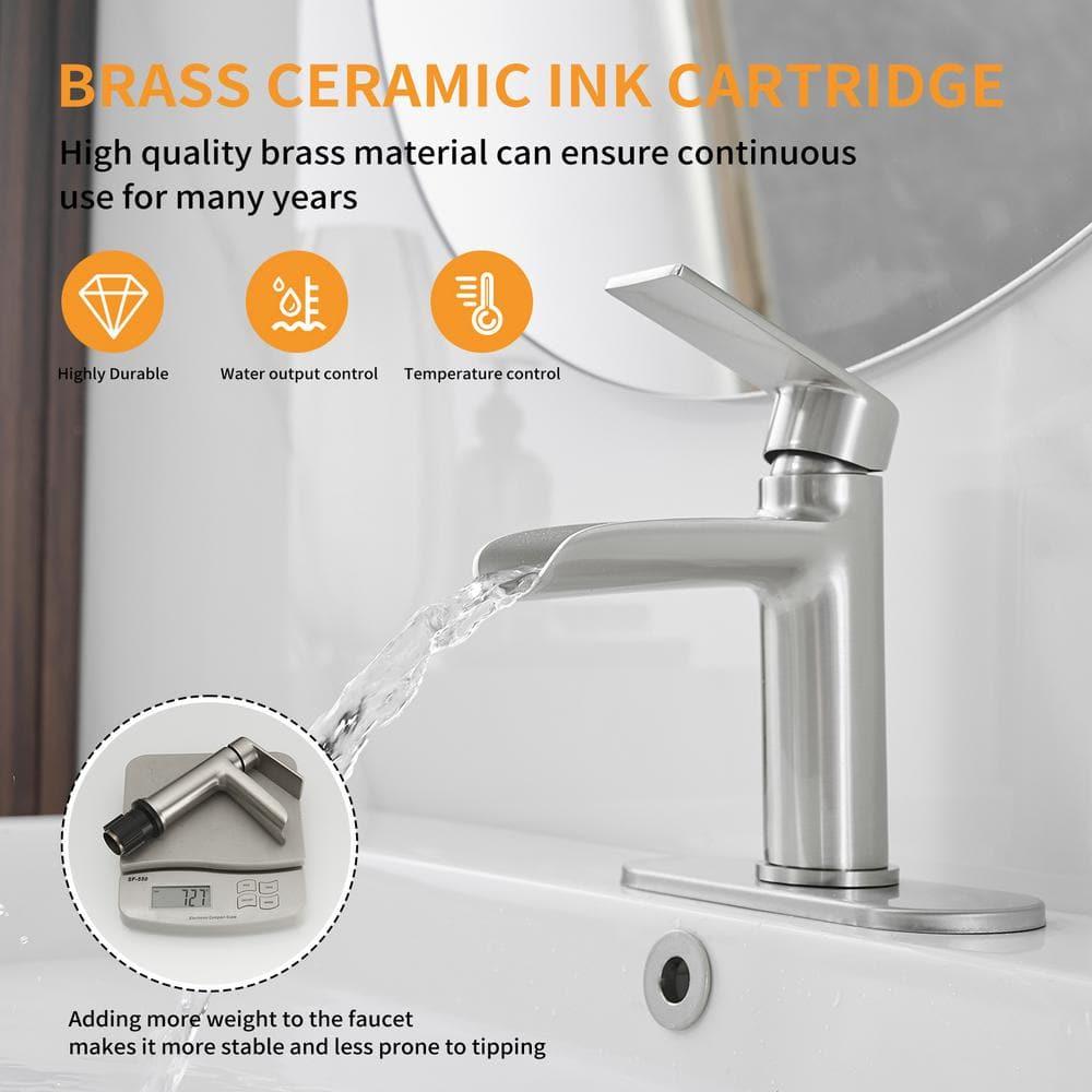 BWE Bathroom Faucets Waterfall Bathroom Faucet with Pop Up Drain for Bathroom Sink Single Hole Farmhouse RV Bathroom Basin Faucet Brushed Nickel