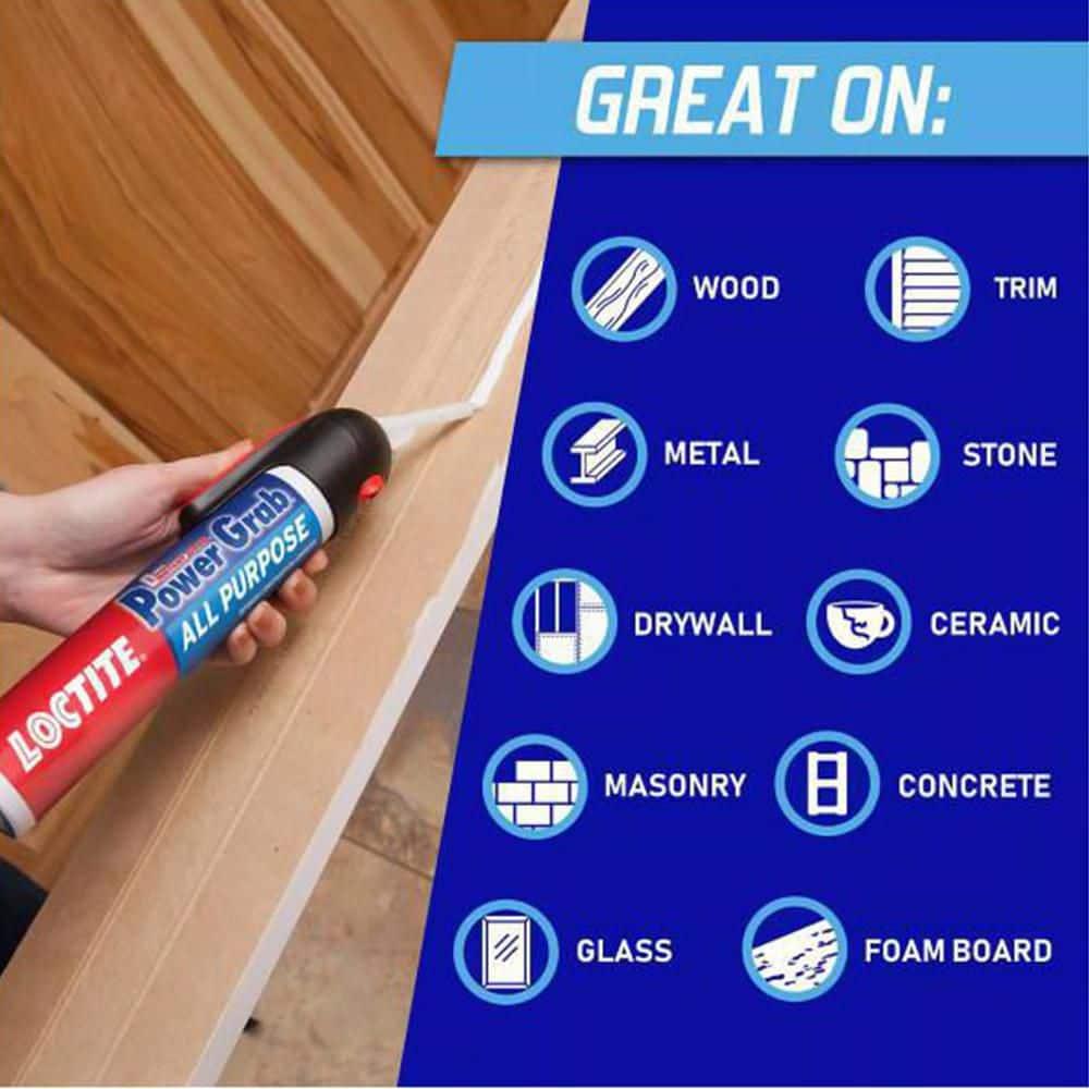 Loctite Power Grab Construction Adhesive All Purpose, Pack of 1, White 7.5 fl oz Pressure Pack