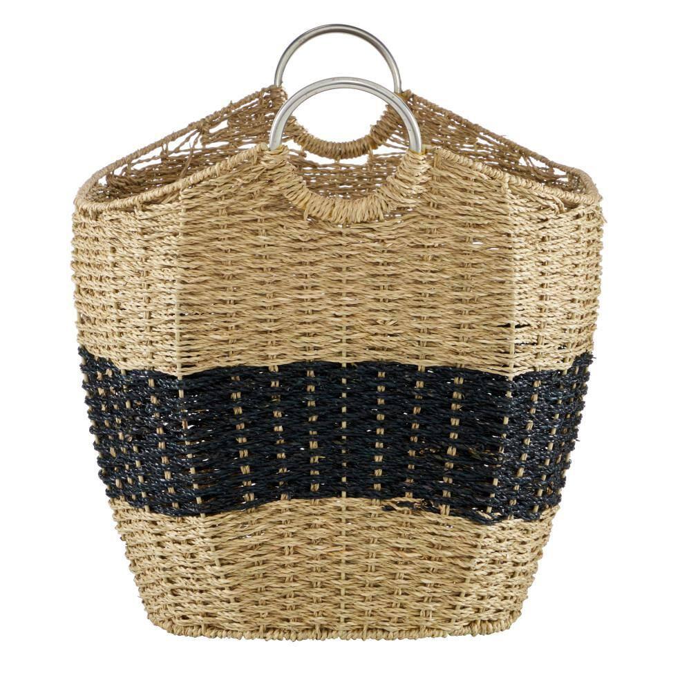 DecMode 21" x 19" Brown Seagrass Handmade Two Toned Storage Basket with Metal Handles, 1-Piece