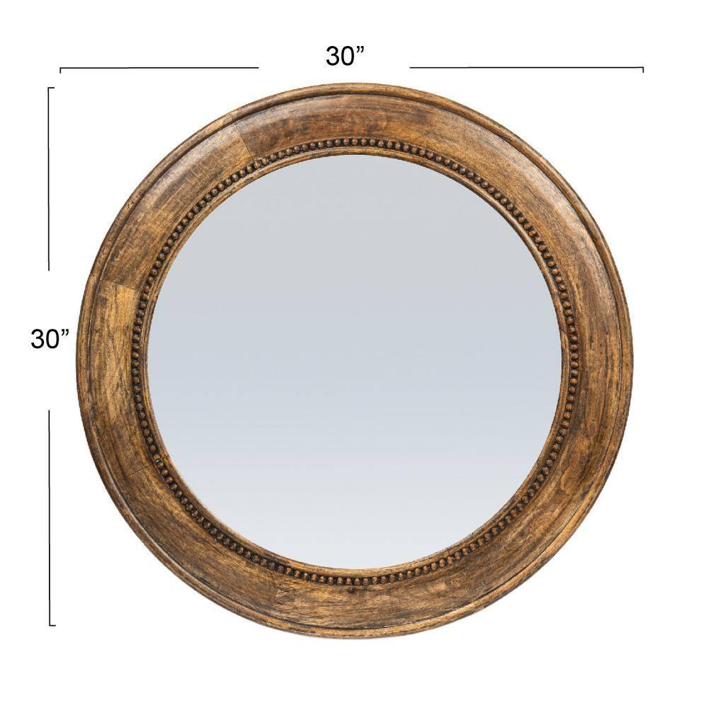 Storied Home Round Carved Wood Framed Wall Mirror with Hobnail Detail: No Assembly, Mango Wood