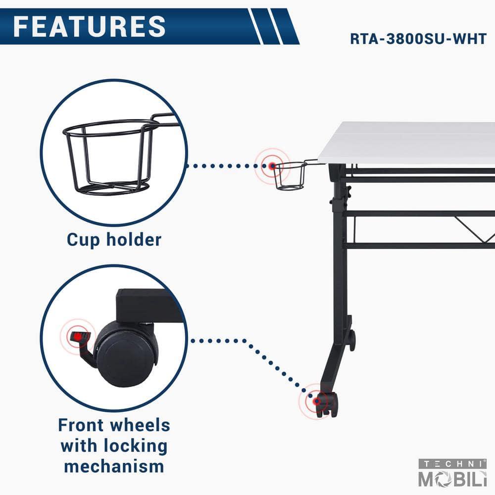 Rolling Writing Desk with Height Adjustable Desktop and Moveable Shelf White - Techni Mobili: Locking Casters, Open Storage