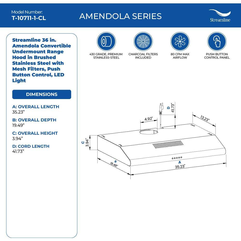 Streamline Amendola 36" 80 Cubic Feet Per Minute Convertible Under Cabinet Range Hood with Mesh Filter and Light Included