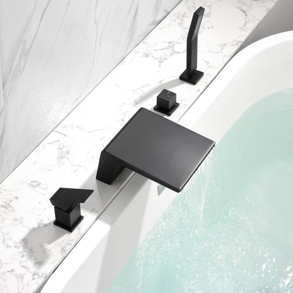 Boyel Living Single-Handle Shower Head Bathroom Bathtub Faucet, Deck Mount Roman Tub Faucet with Hand Shower and Water Suply Hose Waterfall Bath Tub Filler in Matte Black