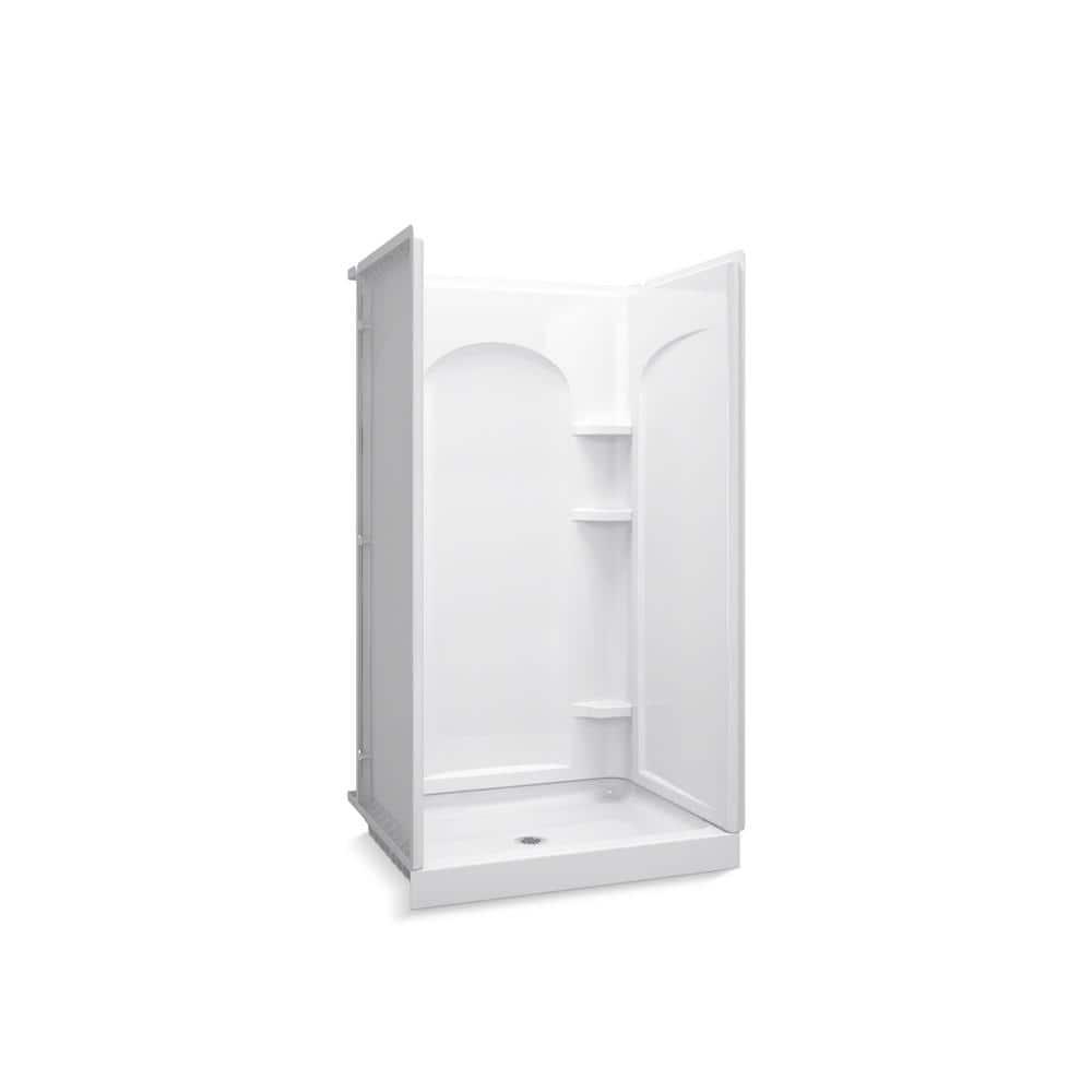 Ensemble Curve 34 in. x 42 in. x 77 in. Shower Wall and Base Kit with Center Drain in White