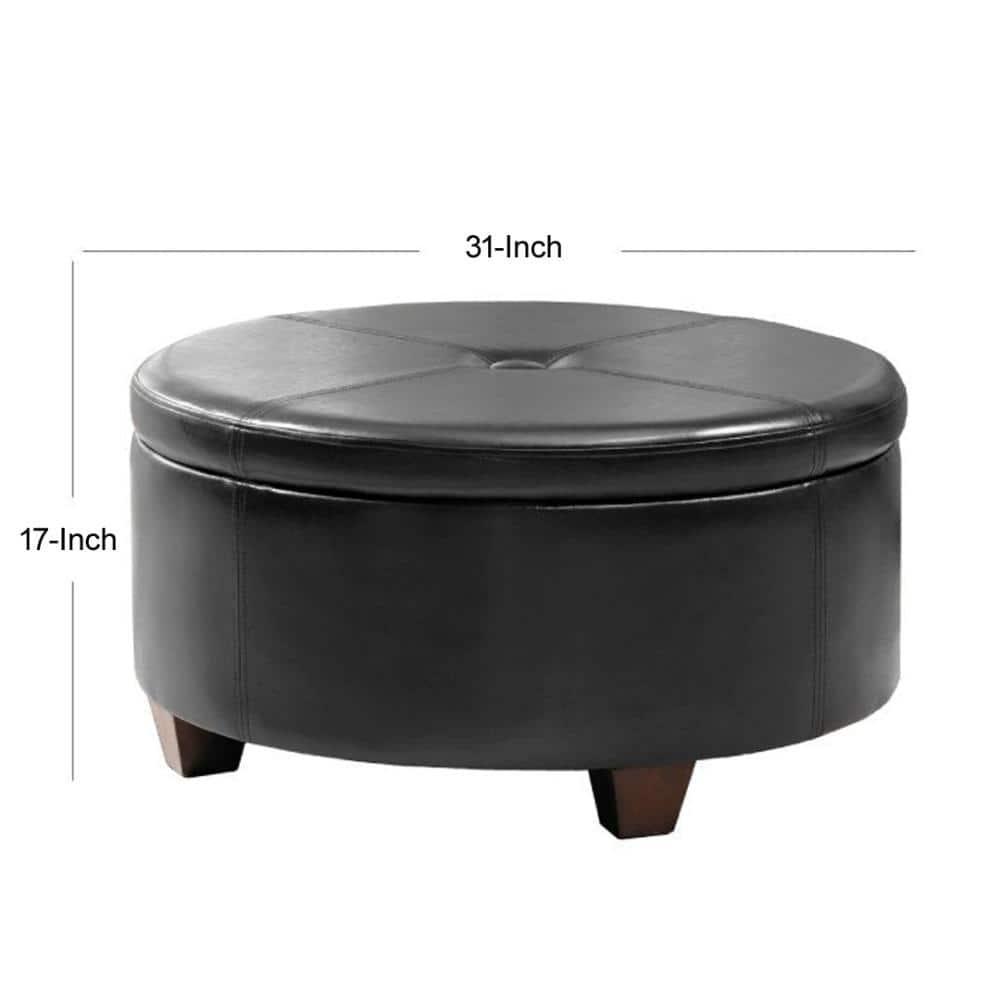 Leatherette Single Button Tufted Round Ottoman with Wooden Feet, Large, Black and Brown