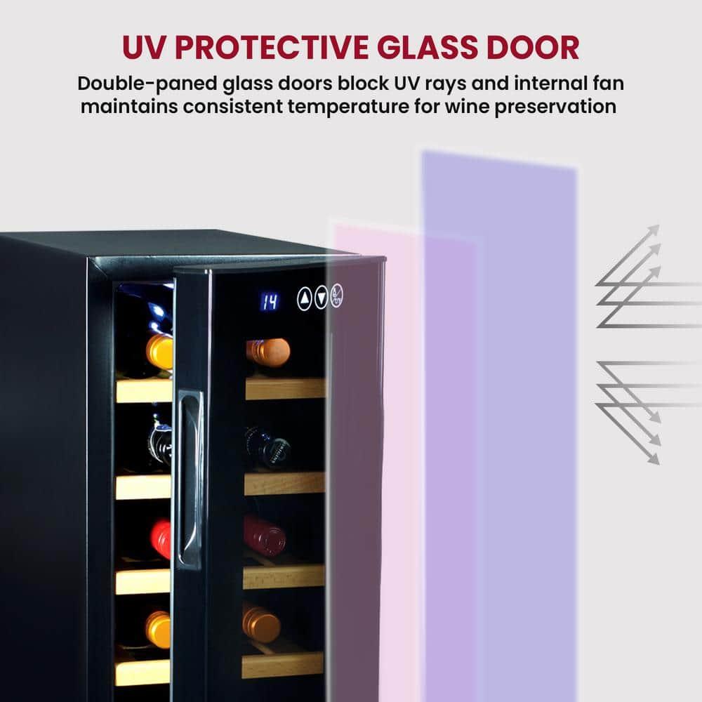 Koolatron Wine Cooler Refrigerator 12 Bottle Deluxe Countertop Compact Wine Cellar, Small Freestanding: Black Glass Door, Thermoelectric, 6 Shelves