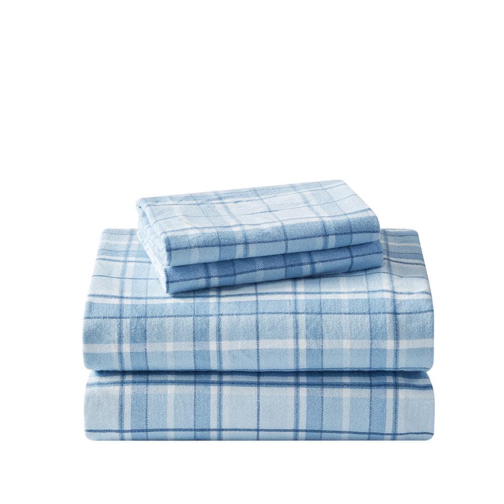 Vanessa Light Blue Cotton Flannel Full Plaid Sheet Set