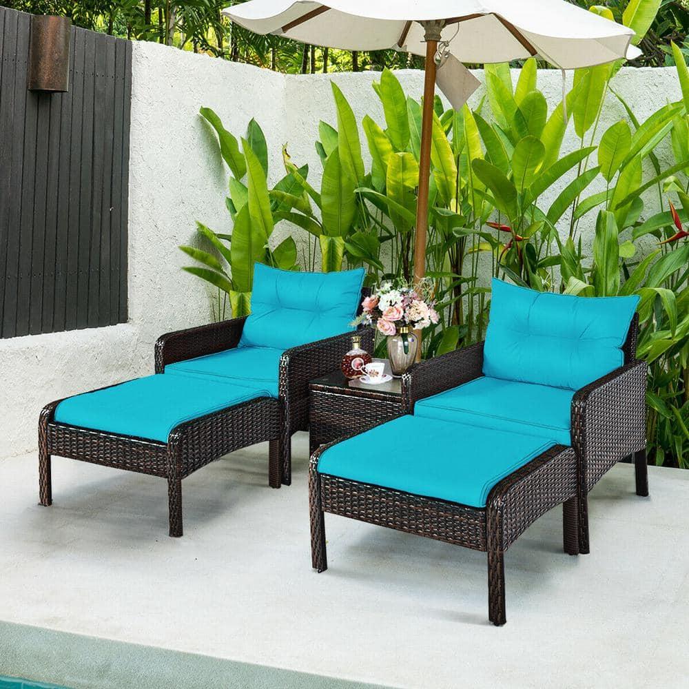 Spaco 5 Pieces Patio Rattan Sofa Ottoman Furniture Set with Cushions, Conversation Set with 2 Single Chairs, 2 Ottomans and A Side Table, Ottoman Furniture Set for Outdoor, Turquoise