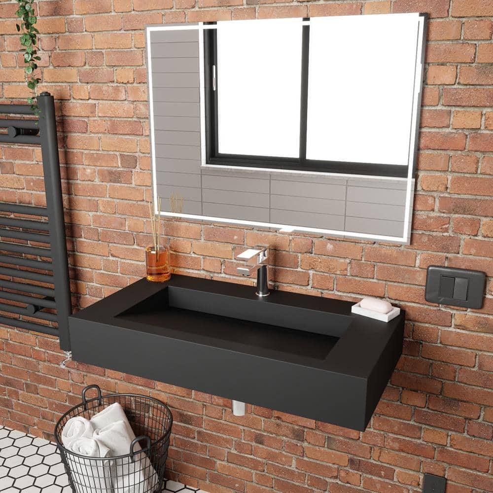 Matte Black Wall-Mount Solid Surface Rectangle Vessel Sink