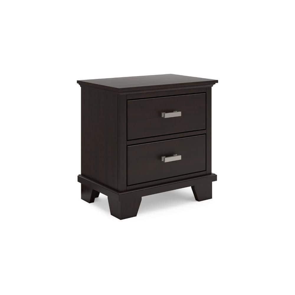 Benjara Teno Nightstand, 2 Drawers, Nickel Handles, Dark Brown Solid Hardwood