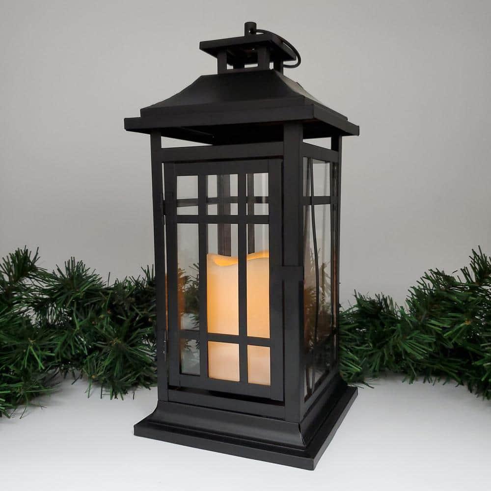 LumaBase Battery Operated Metal Lantern with LED Candle - Black Window (14 inches)