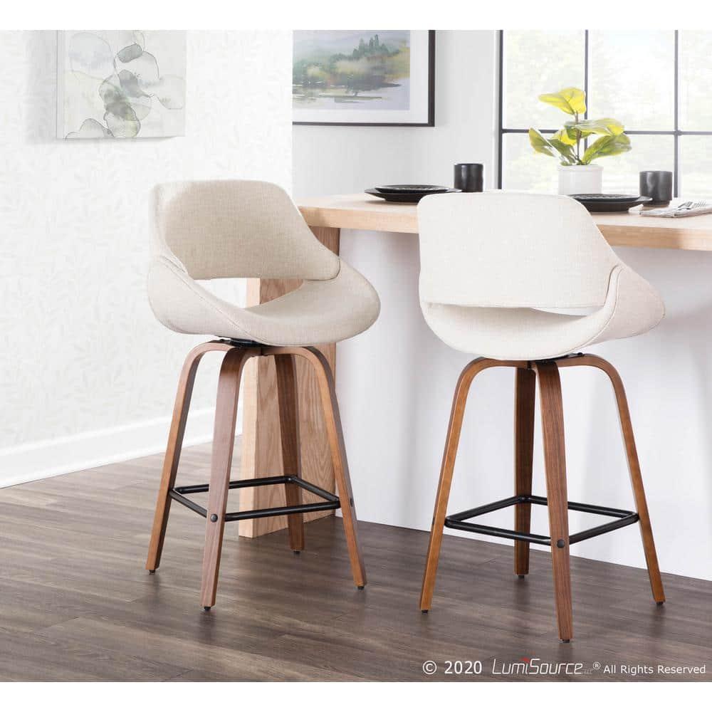 Set of 2 Fabrico Mid-Century Modern Counter Height Barstools Cream - LumiSource: Walnut Swivel Legs, Polyester Upholstery