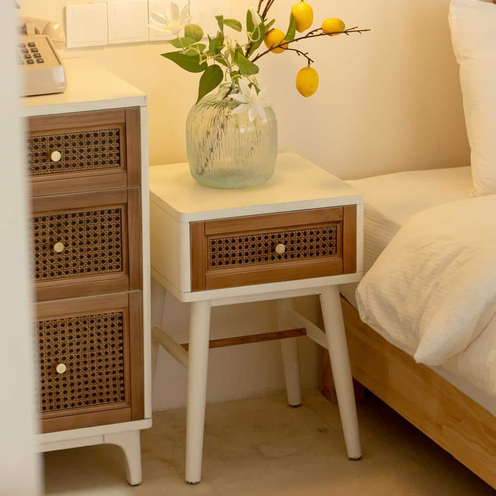 COZAYH Fully-Assembled 1-Drawer Woven Cane Front Accent Nightstand with Brass Knobs for Living Room, Hand-Scratched Aging Finish, Bedroom, White