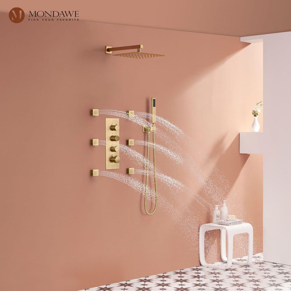 3 Functions Wall Mount Thermostatic Complete Shower System with 6 Body Jets, Rough-in Valve