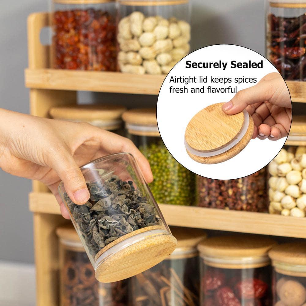 Basicwise 3-Tier Bamboo Spice Rack & Pantry Organizer with 12 Glass Jars.Perfect for Storage in Kitchens to Keep Seasoning Containers Neatly Displayed