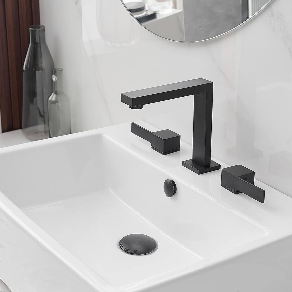 BWE 8 in. Widespread Double Handle Bathroom Faucet Water-Saving With Drain Kit In Matte Black