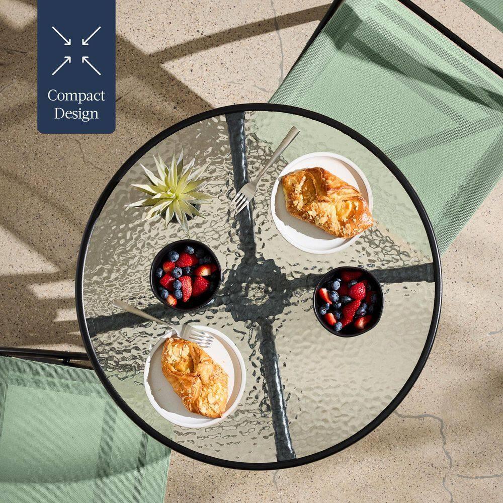 George Oliver 3-Piece Patio Bistro Dining Furniture Set W/ Glass Tabletop, Folding Chairs