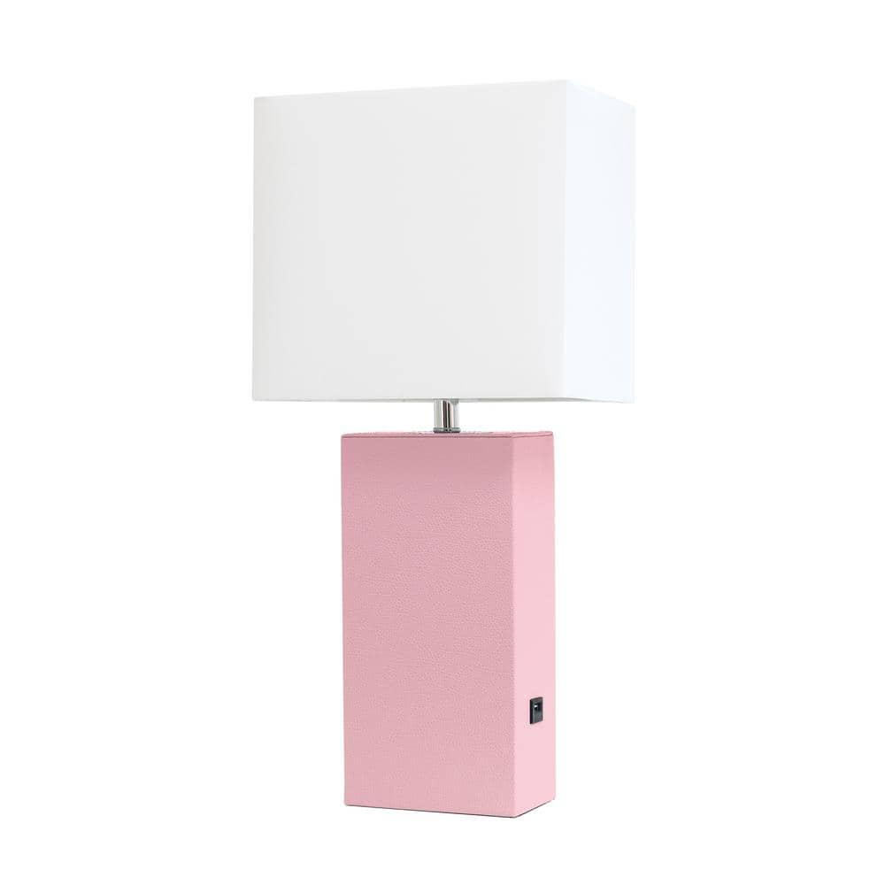 Modern Leather Table Lamp with USB, White Linen Shade, No Assembly - Elegant Designs: UL Listed, 1-Way Switch