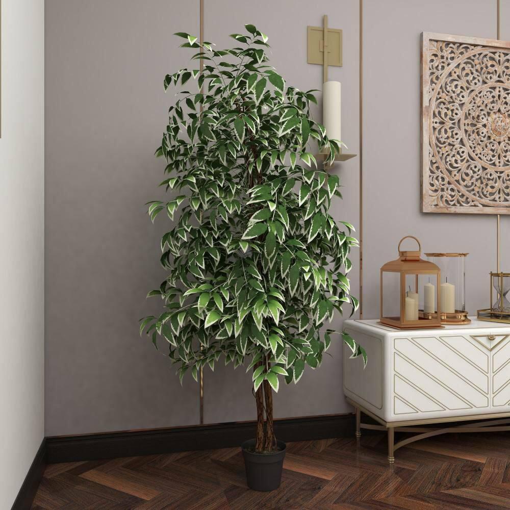 DecMode 73" Artificial Ficus Tree in Realistic Leaves and Black Plastic Pot