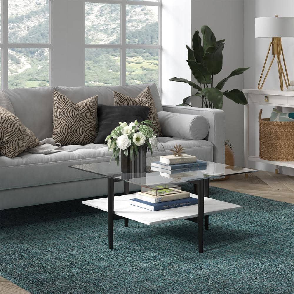 Evelyn&Zoe Otto 32" Wide Square Coffee Table with Faux Marble Shelf, Blackened Bronze