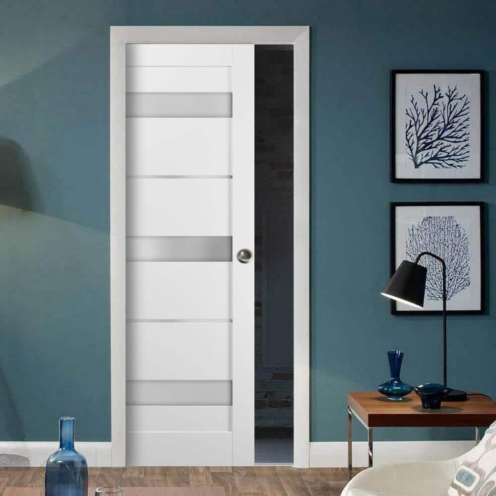 Panel Lite Pocket Door 36 x 84 with Frames | Quadro 4055 White Silk with Frosted Opaque Glass | Kit Trims Rail Hardware | Solid Wood Interior Pantry Kitchen Bedroom Sliding Closet Sturdy Doors
