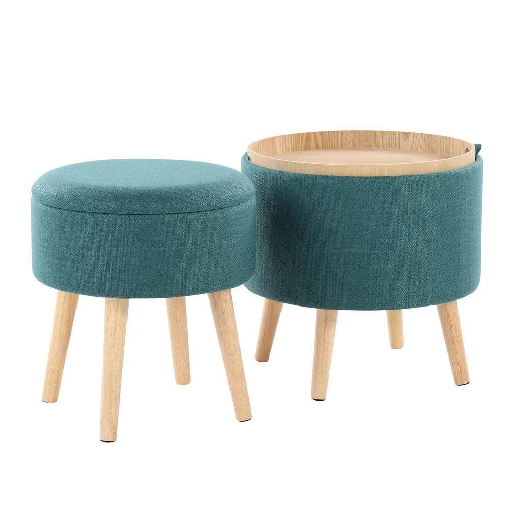 LumiSource Natural Wood, Teal Fabric Tray Storage Ottoman Set