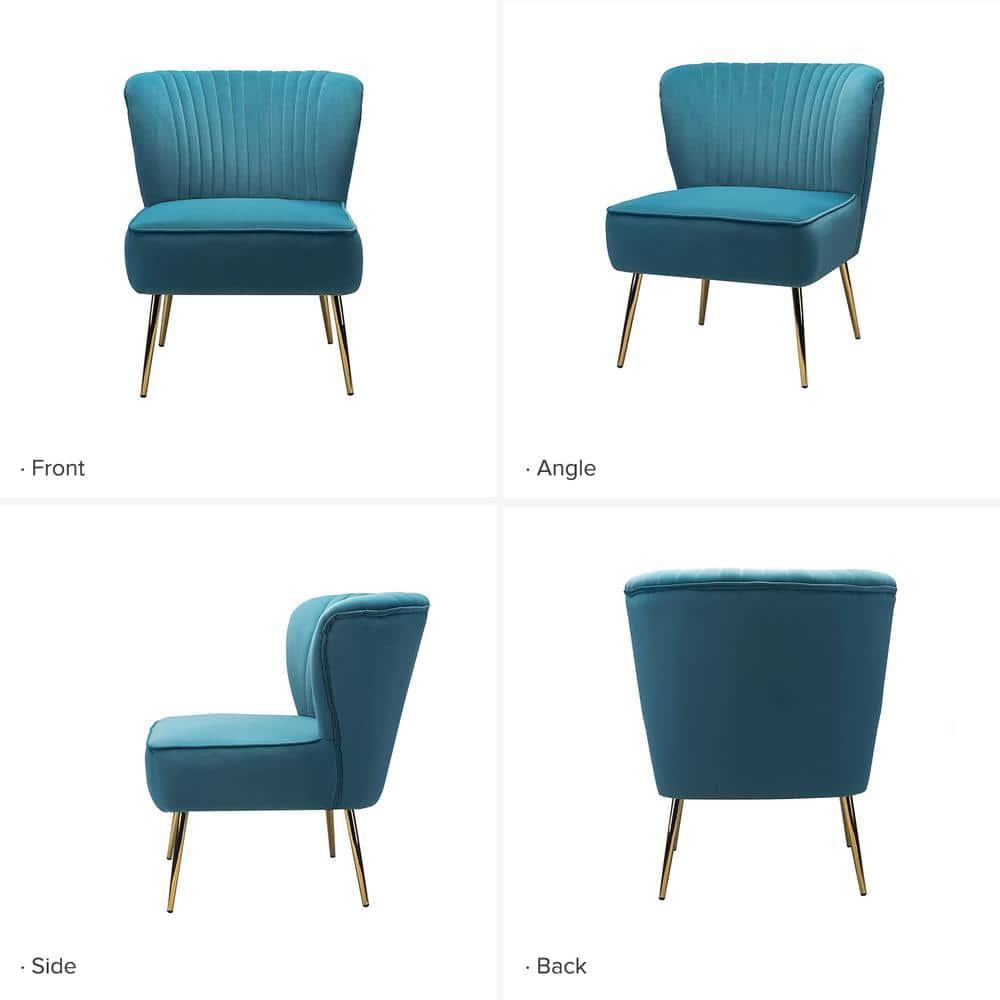 Upholstered Wingback Accent Slipper Chair Side Armless Sofa Tufted Back Golden Legs Dining Home Living Room Bedroom Adult Blue