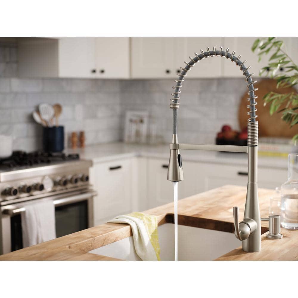 Moen Essie Pre-Rinse Spring Pull Down Single Handle Kitchen Faucet with Power Clean Technology and Soap Dispenser