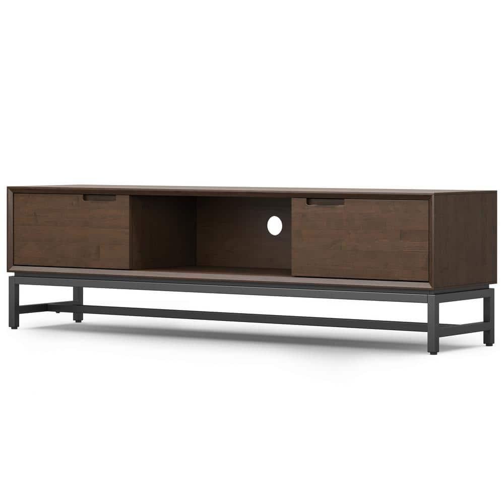 Simpli Home Banting 72"W Solid Hardwood Industrial Low TV Stand for TVs up to 80" with 2 Cabinets and Metal Base